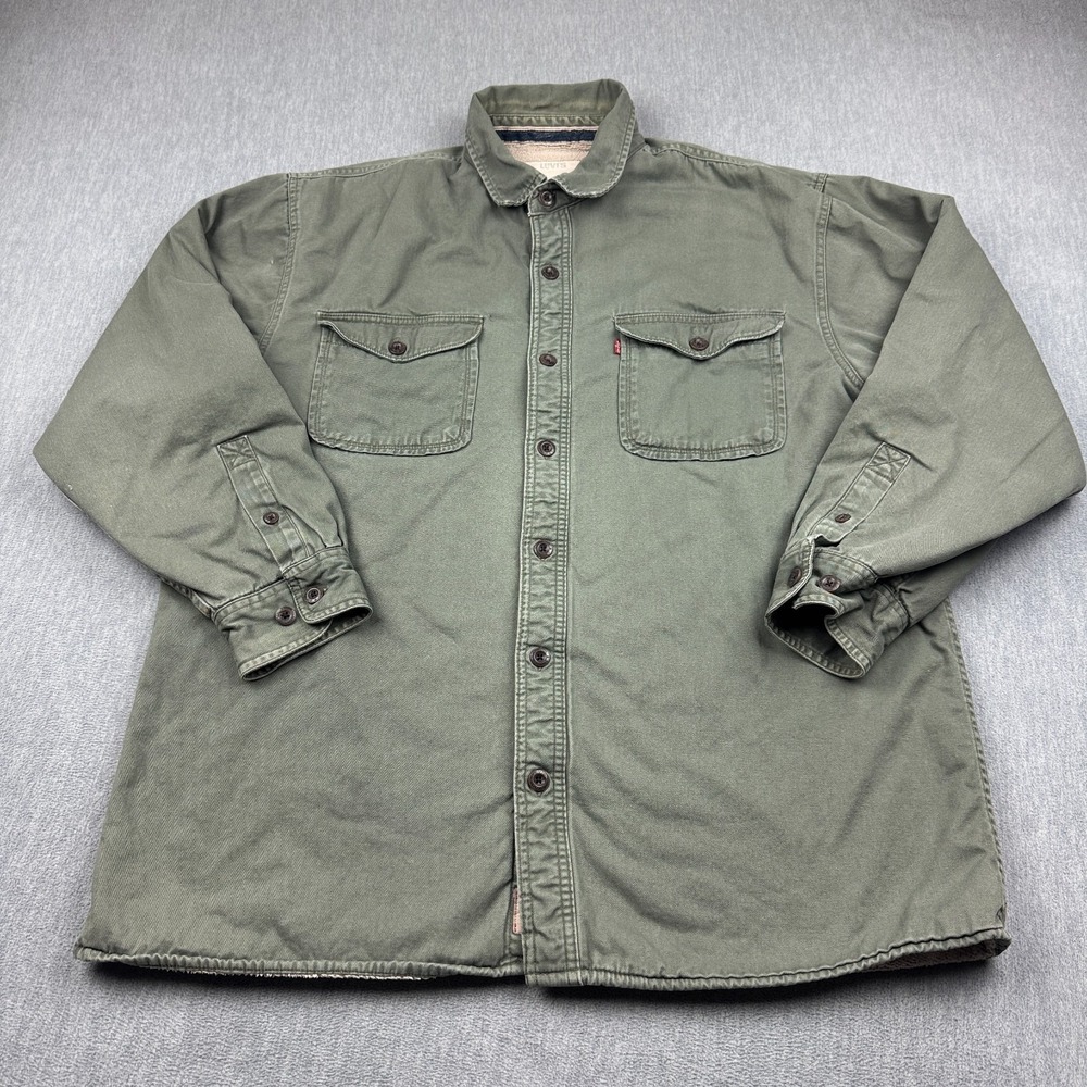 Levis Shirt Jacket Mens XL Green Sherpa Lined Canvas‎ Shacket Button Up Coat